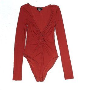 Topshop Plunge V-Neck Twist Front Bodysuit Long Sleeve Rust Orange Size 4